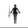 Fantasy Female Character in Green and Black Outfit Holding Longsword on Dark Background
