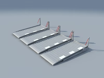 Parking Lot Structure With Three Sloped Ramps And Red Safety Railings 3d model