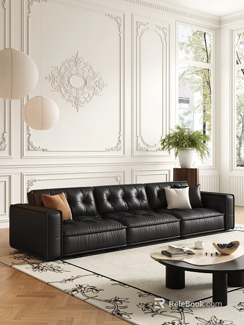 Black Leather Three Seater Sofa with Orange White Throw Pillows White Decorative Walls Green Potted Plant 3d model 