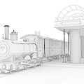 Vintage Steam Train At Station With Yellow Canopy And Brick Pillars