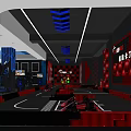 Tech Themed Indoor Playground With Blue Lighting Ceiling Stripes Gaming Gear Red Seats Checkerboard Walls