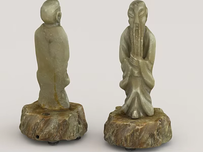 Elegant Decorative Ornament Set With Jade Human Figurines And Wooden Bases 3d model