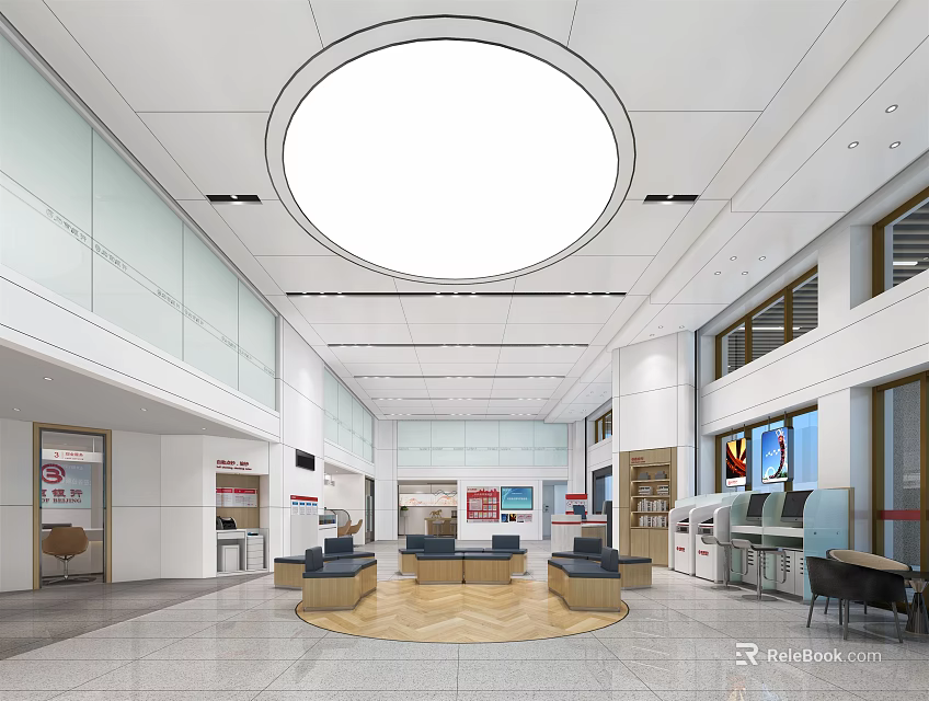 Spacious Bright Service Hall With Circular Ceiling Light Sofa Rest Area And Self Service Machines 3d model 