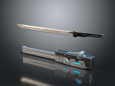 Futuristic Metallic Blade Weapon With Black Hilt And Blue Glowing Scabbard 3d model