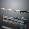 Futuristic Metallic Blade Weapon With Black Hilt And Blue Glowing Scabbard