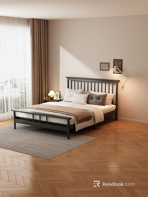 Double Bed with Black Headboard Decorative Pillows Blanket Nightstand Table Lamp Wall Paintings Wooden Floor 3d model 