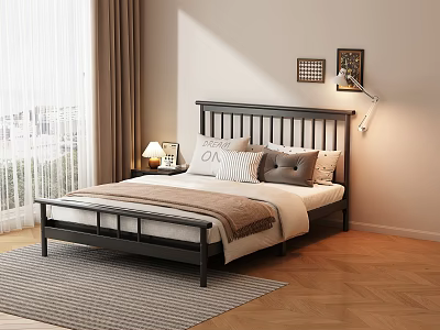 Double Bed with Black Headboard Decorative Pillows Blanket Nightstand Table Lamp Wall Paintings Wooden Floor 3d model