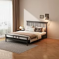 Double Bed with Black Headboard Decorative Pillows Blanket Nightstand Table Lamp Wall Paintings Wooden Floor