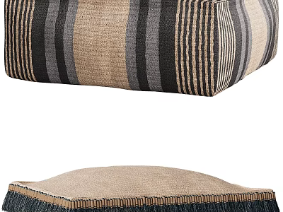 Striped Fabric Ottoman with Beige Grey Black Stripes and Fringe Edge Detail 3d model