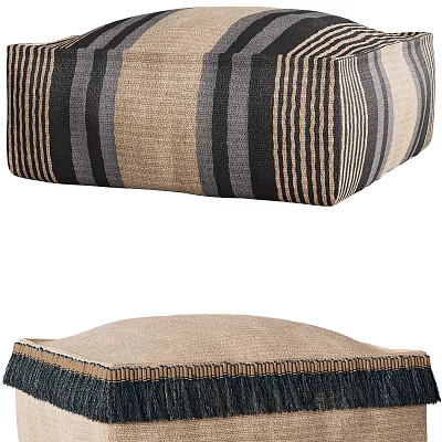 Striped Fabric Ottoman with Beige Grey Black Stripes and Fringe Edge Detail 3d model