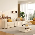 Modern Living Room Interior With Beige Sofa Yellow Ottoman White Coffee Table And Large Window View