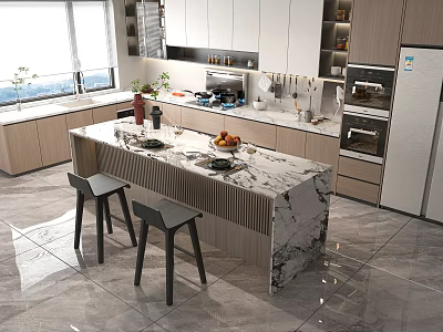 Modern Kitchen Interior Design With Marble Island Fruit Stools Cabinets And Appliances 3d model