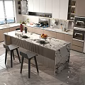 Modern Kitchen Interior Design With Marble Island Fruit Stools Cabinets And Appliances 3d model