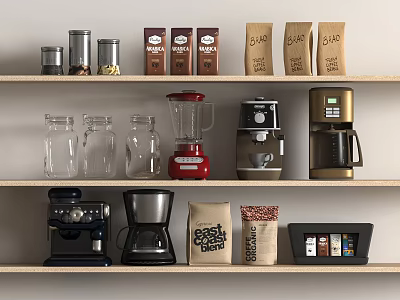 Kitchen Shelves Displaying Various Kitchen Appliances With Coffee Maker Blender Glass Jars And Food Packages 3d model