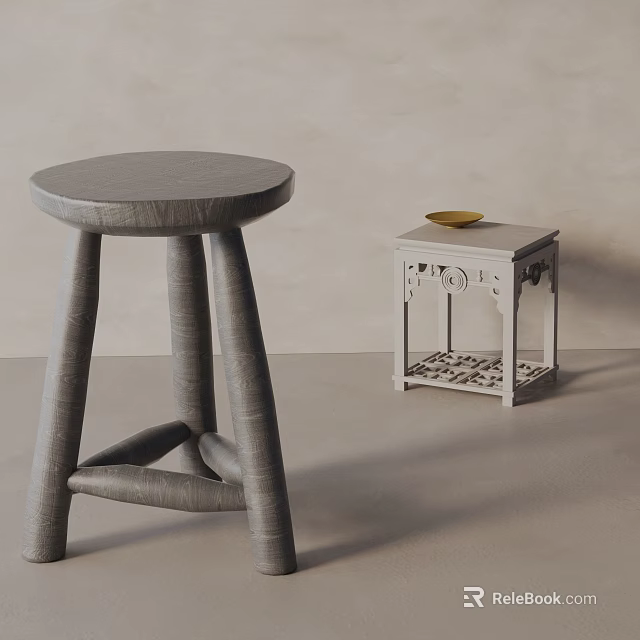 White Side Table With Carved Details Gold Plate On Top For Modern Living Room Decor 3d model 