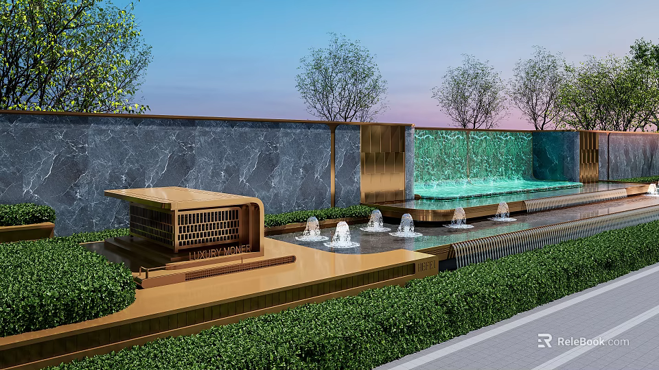 Modern Commercial Landscape Design With Water Fountains Green Hedges Stone Wall And Glass Waterfall 3d model 