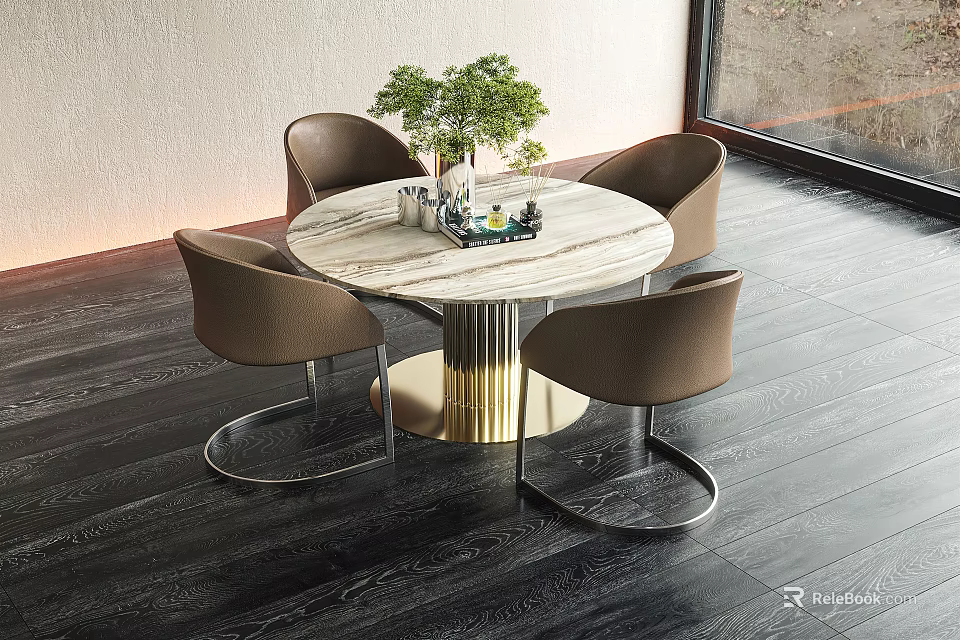 Round Marble Top Dining Table Set With Gold Base And Four Brown Chairs 3d model 