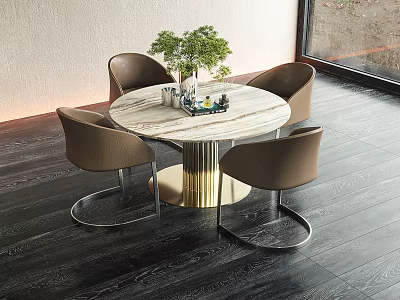 Round Marble Top Dining Table Set With Gold Base And Four Brown Chairs 3d model
