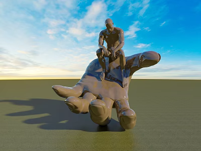 Giant Hand Sculpture With Small Figure Sitting On Top Against Blue Sky Green Field 3d model