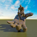 Giant Hand Sculpture With Small Figure Sitting On Top Against Blue Sky Green Field