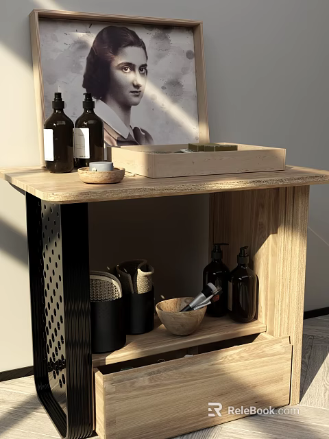 Wooden Bedside Table With Metal Frame Tray Bottles And Storage Containers On Wooden Surface 3d model 