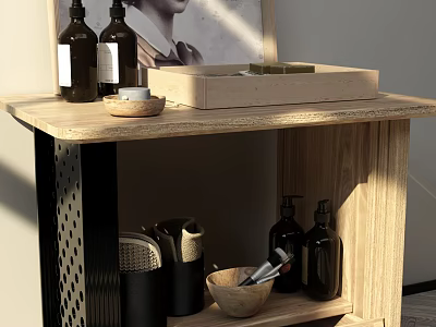 Wooden Bedside Table With Metal Frame Tray Bottles And Storage Containers On Wooden Surface 3d model