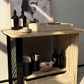 Wooden Bedside Table With Metal Frame Tray Bottles And Storage Containers On Wooden Surface