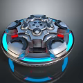 Futuristic Circular Metallic Device With Blue Glowing Lights Red Accent Components And Multiple Circular Parts