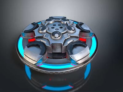 Futuristic Circular Metallic Device With Blue Glowing Lights Red Accent Components And Multiple Circular Parts 3d model