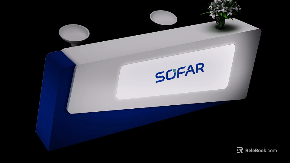Modern Blue And White Reception Desk With Round Lights Flower Arrangement And SOFAR Logo 3d model 
