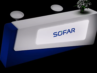 Modern Blue And White Reception Desk With Round Lights Flower Arrangement And SOFAR Logo 3d model