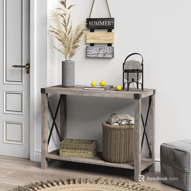 Wooden Console Table With Gray Vase Dried Pampas Grass Yellow Lemons Woven Basket Wall Art 3d model 