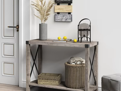 Wooden Console Table With Gray Vase Dried Pampas Grass Yellow Lemons Woven Basket Wall Art 3d model