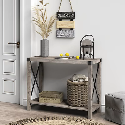 Wooden Console Table With Gray Vase Dried Pampas Grass Yellow Lemons Woven Basket Wall Art 3d model