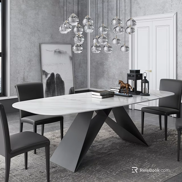 Modern Dining Table And Chairs With Marble Top And Glass Chandelier 3d model