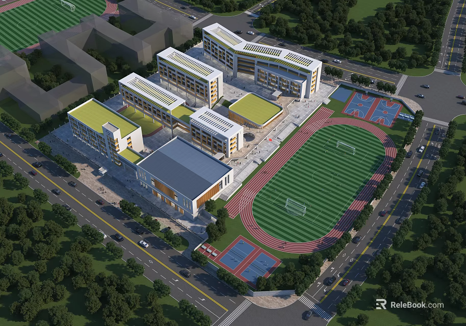Modern Connected School Building With Football Field Running Track And Basketball Courts 3d model 
