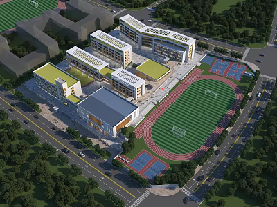 Modern Connected School Building With Football Field Running Track And Basketball Courts 3d model