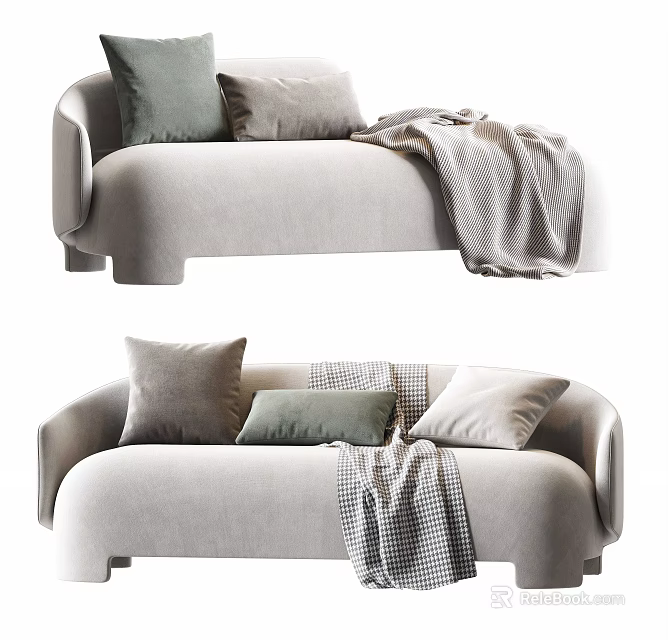 Modern Cozy Light Beige Sofa Set With Soft Throw Pillows And Plaid Blanket 3d model 