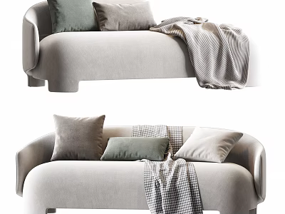 Modern Cozy Light Beige Sofa Set With Soft Throw Pillows And Plaid Blanket 3d model