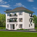 Three Story Detached Villa With White Exterior Balconies Lawn And Swimming Pool