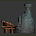Medieval Stone Stove Structure With Glowing Red Fire And Wooden Bench