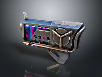 Futuristic Sci Fi Weapon With Metallic Design Purple Blue Accents Circular Components And Support Stand 3d model