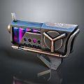 Futuristic Sci Fi Weapon With Metallic Design Purple Blue Accents Circular Components And Support Stand