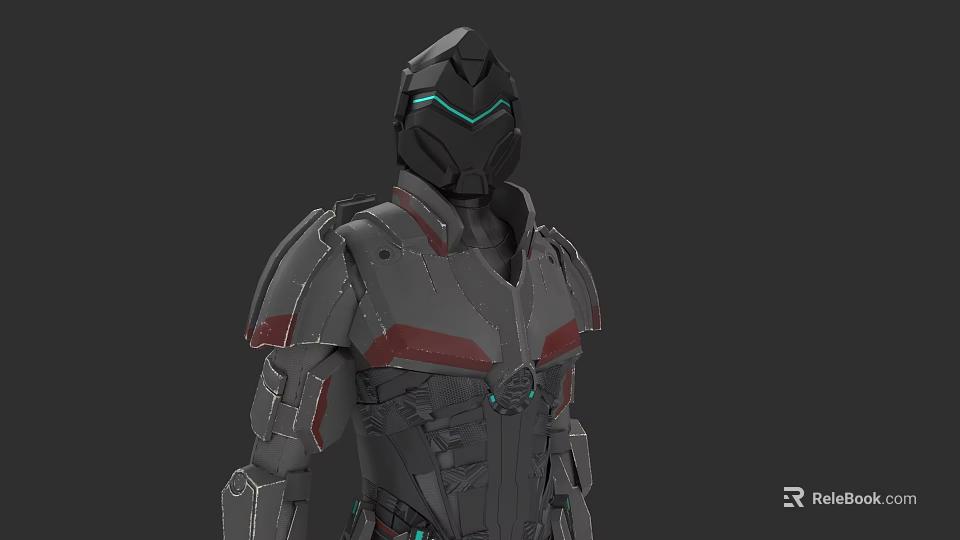 Futuristic Sci Fi Game Movie Character With Gray Red Armor And Glowing Blue Accents 3d model 