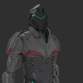 Futuristic Sci Fi Game Movie Character With Gray Red Armor And Glowing Blue Accents
