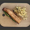 Fresh Baguette Sandwich With Lettuce And Tomato Served With Potato Chips On Wooden Cutting Board