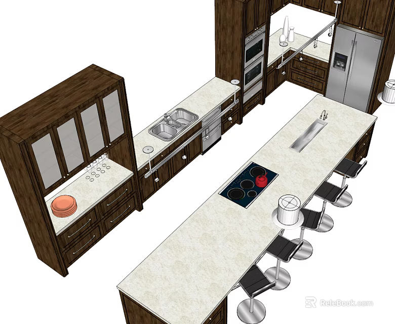 Modern Kitchen Interior Featuring Wooden Cabinets Island Countertop And Stainless Steel Appliances 3d model 