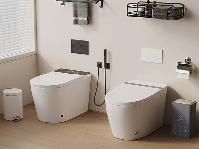 Modern Bathroom With Smart Toilets Control Panel Wooden Floor Towel Rack And Storage Shelf 3d model