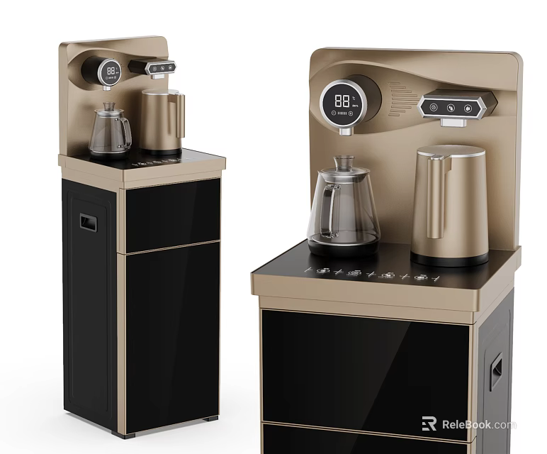 Modern Gold And Black Water Dispenser With Digital Display Glass Kettle And Storage Cabinet 3d model 