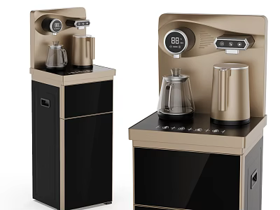 Modern Gold And Black Water Dispenser With Digital Display Glass Kettle And Storage Cabinet 3d model